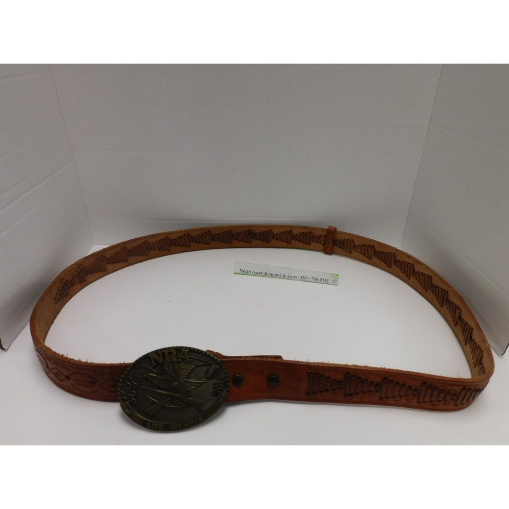 Vintage NRA Life Member Belt Buckle Collectors Edition Tooled Leather 46 DH141